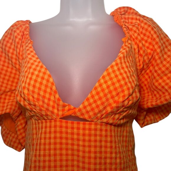 Louna Orange Gingham Puff Sleeve Mini Dress Size Large - Picture 6 of 7